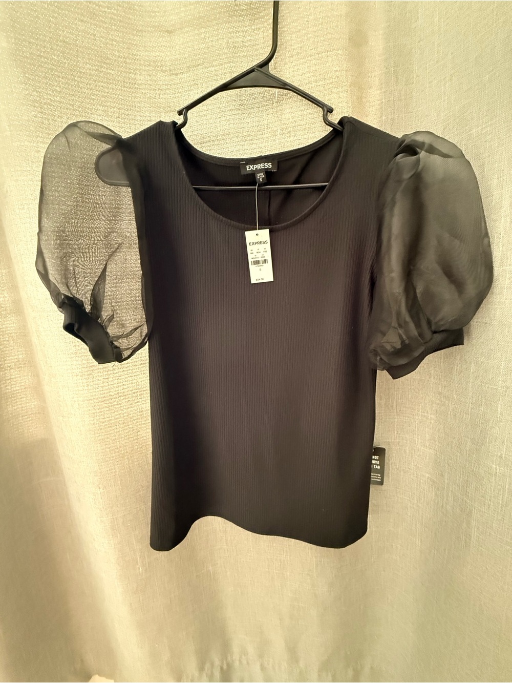 Express Black Puff-Sleeve Ribbed Top - Picture 2 of 5